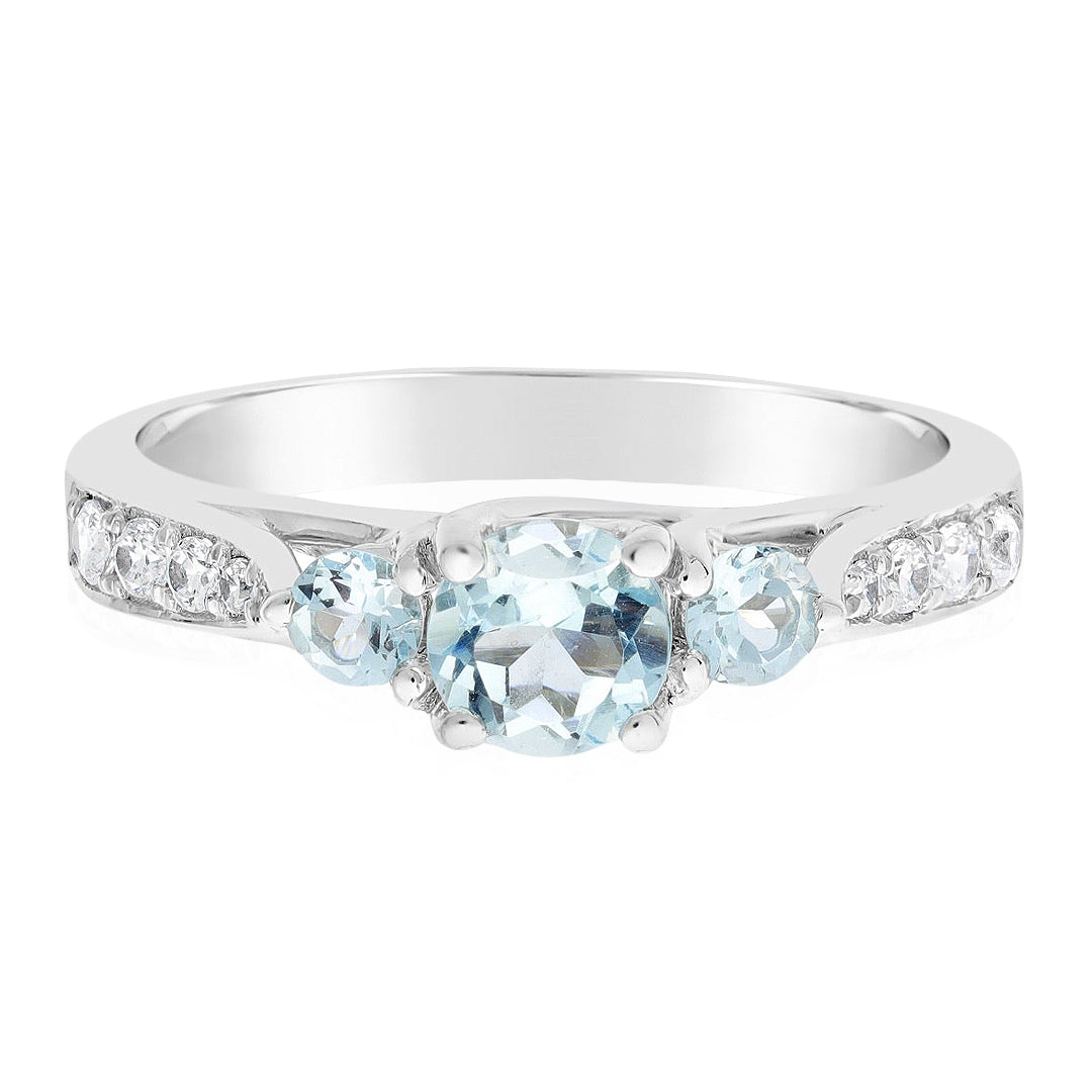 Aquamarine Three Stone Halo Ring