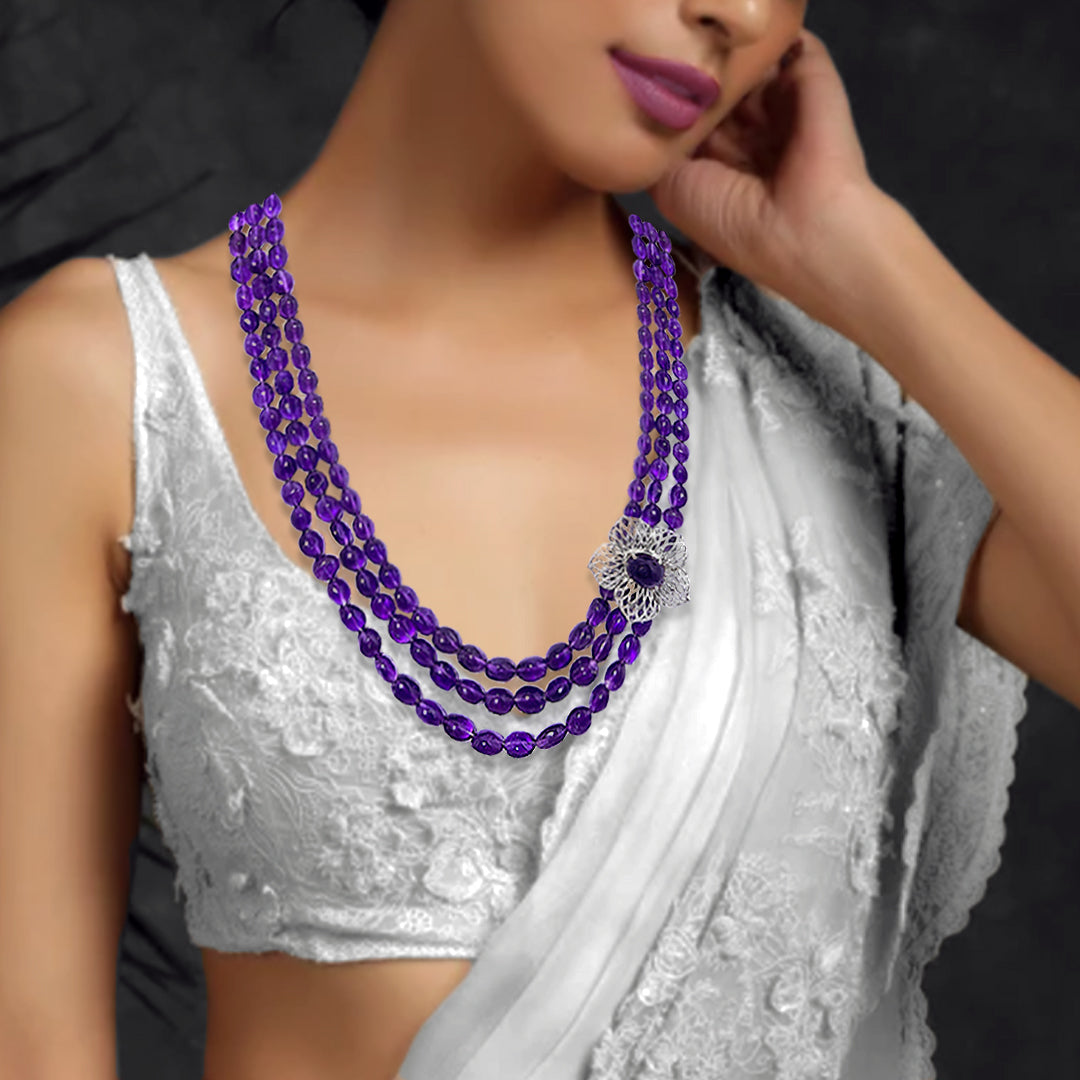 African Amethyst Floral Beaded Necklace