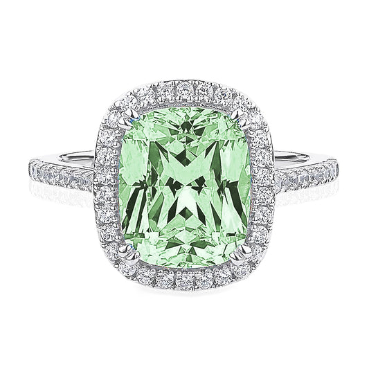 Green Amethyst Long Cushion Halo Ring