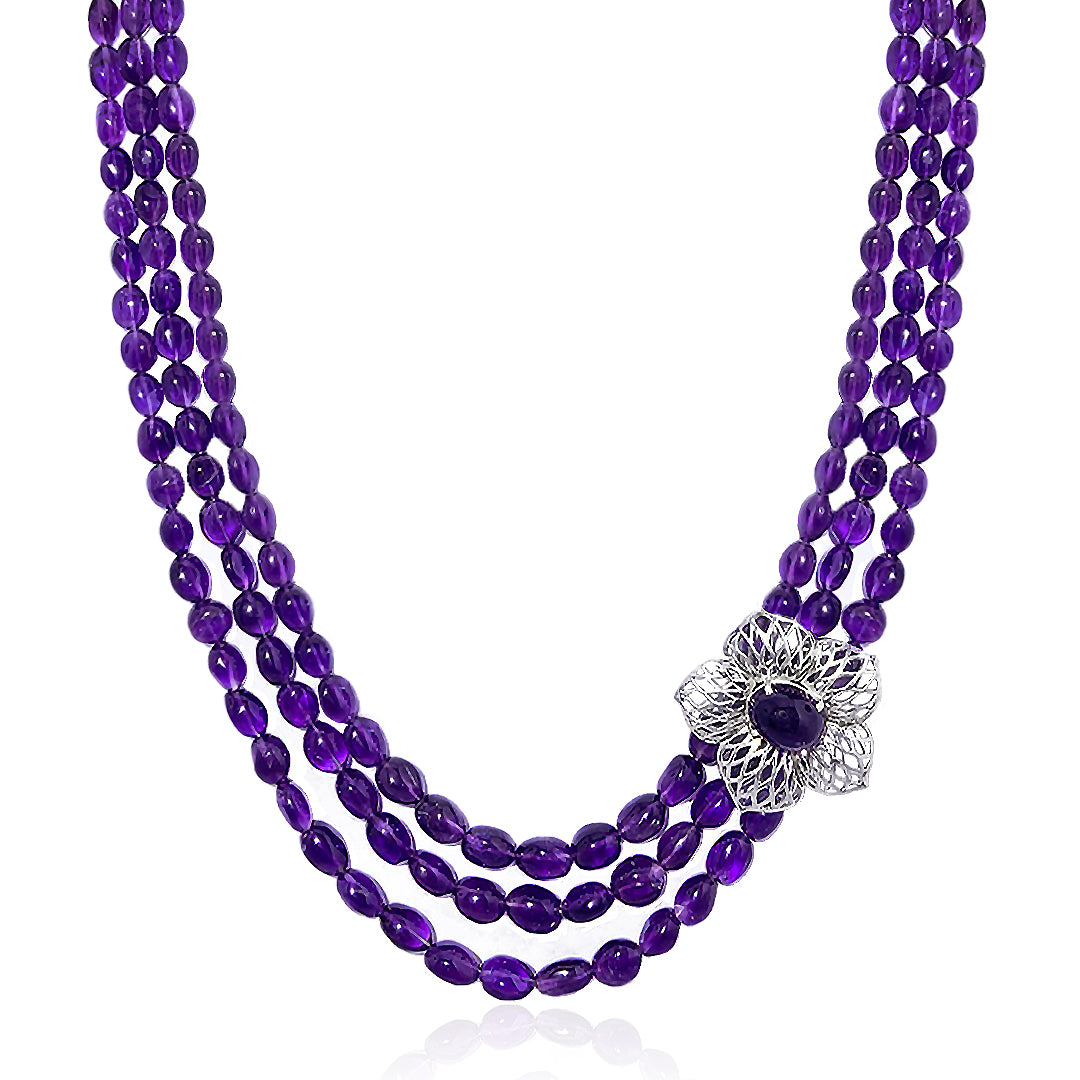 African Amethyst Floral Beaded Necklace